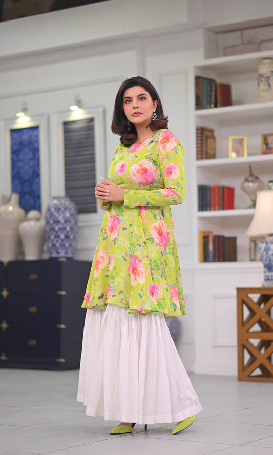 Floral Shirt paired with a white cotton gharara