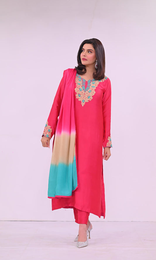 Shocking pink embroidered silk shirt and pants