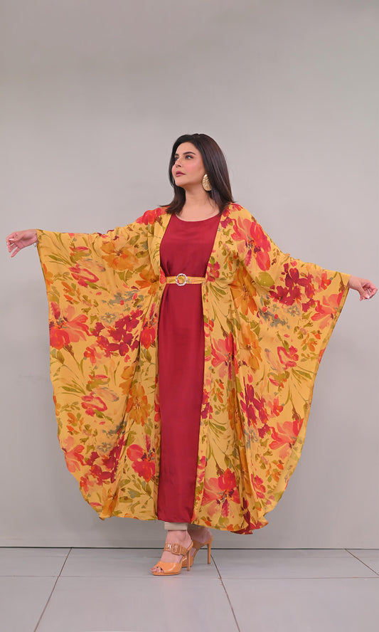 Yellow and Maroon raw silk poncho