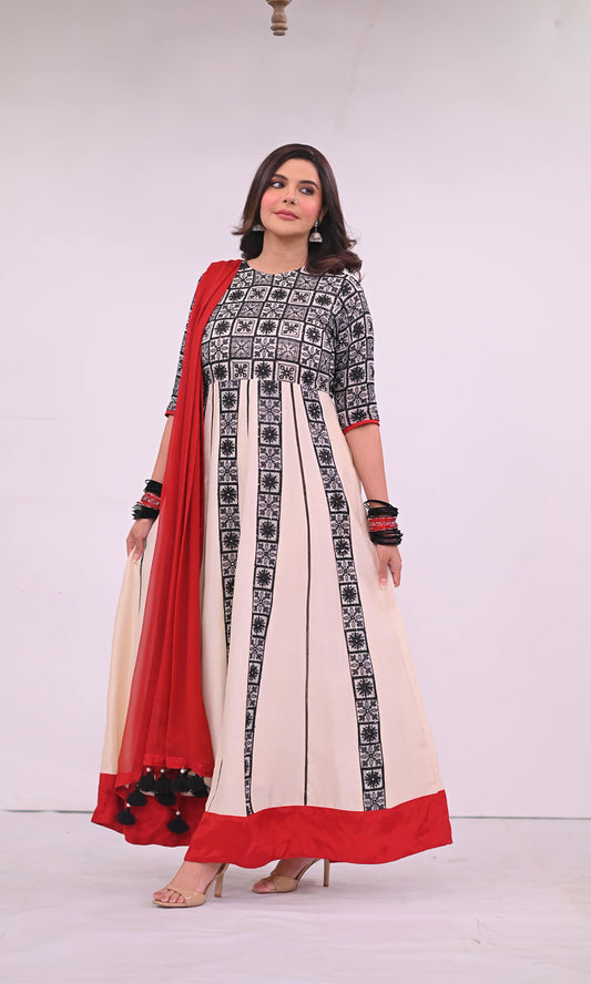Pure Raw Silk chikankari 3pc anarkali frock