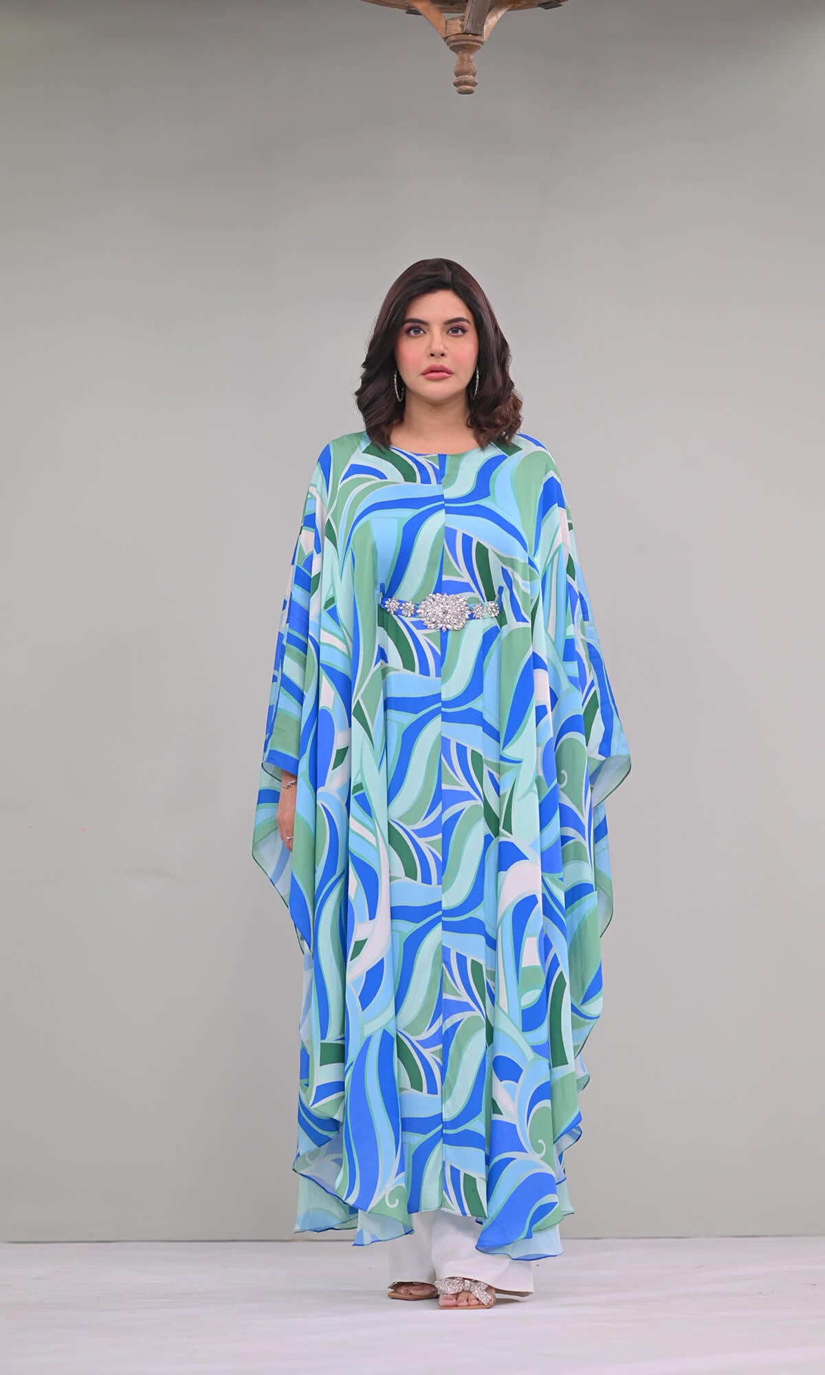 Printed satin silk kaftan with belt