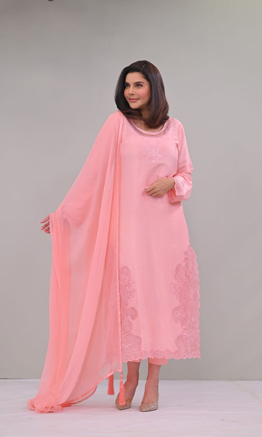 Baby pink pure raw silk shirt and pants with cutwork